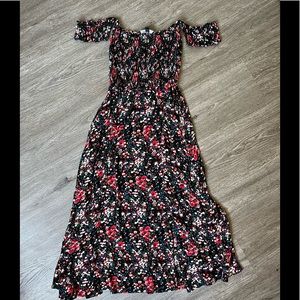 Lulus Black Floral Print Off-the-Shoulder Dress